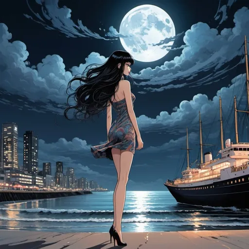 Prompt: a woman that is standing in the beach, long hair, city lights buidings backgroud, digital art, junji ito style, harmony of swirly clouds, ship, night, moon, style of kilian Eng, full body of Tomie  with high heels, trending at cgstation, waves, under clouds, finely illustrated face, painting of beautiful, wind swept