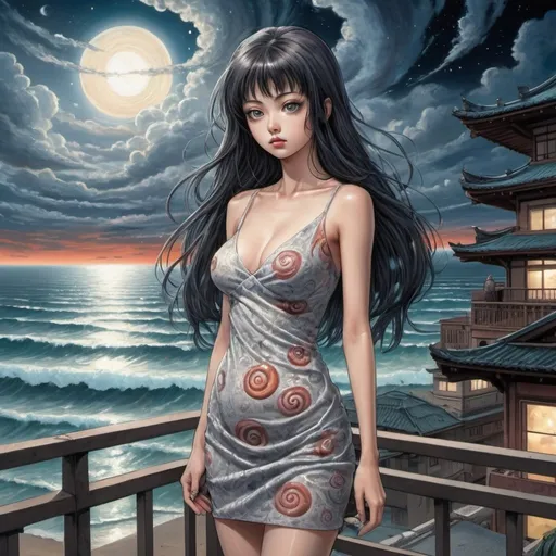 Prompt: Tomie standing in a terrace in the Edge of times. Beach background. Galaxies around. Complex skies. Spiral city lights, Big glutes, big chest, long hair, full body wearing high heels, dress, waves, under clouds, finely illustrated face, painting of beautiful, wind swept, bursh stroke, exquisite, multiple layers, an ultra fine detailed, trending on cg society,  poetic detailed, style by junji ito, uzumaki world background