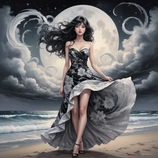 Prompt: Tomie in the Edge of times. Galaxies around. Complex skies. Create an elegant picture with a floral pattern and soft pastel colors. Dynamic, Fierce, Dominant. standing in the beach, long black hair, city lights buidings backgroud, harmony of swirly clouds, night, moon, big glutes, big chest, full body, high heels, dress, waves, under clouds, finely illustrated face, painting of beautiful, wind swept, Black and white painting, bursh stroke, exquisite, multiple layers, an ultra fine detailed, trending on cg society,  poetic detailed,