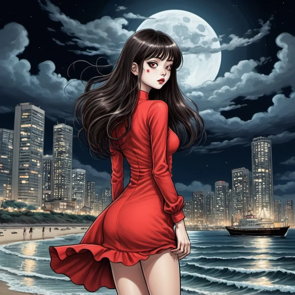 Prompt: junji ito girl that are standing in the beach, long hair, city lights buidings backgroud, digital art, junji ito style, harmony of swirly clouds, ship, night, moon, big glutes,  full body of Tomie with high heels, red dress, trending at cgstation, waves, under clouds, finely illustrated face, painting of beautiful, wind swept, 