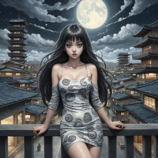 Prompt: Tomie in a terrace in the Edge of times. Galaxies around. Complex skies. Spiral city lights, Big glutes, big chest, long hair, full body, high heels, dress, waves, under clouds, finely illustrated face, painting of beautiful, wind swept, bursh stroke, exquisite, multiple layers, an ultra fine detailed, trending on cg society,  poetic detailed, junji ito style ,uzumaki style