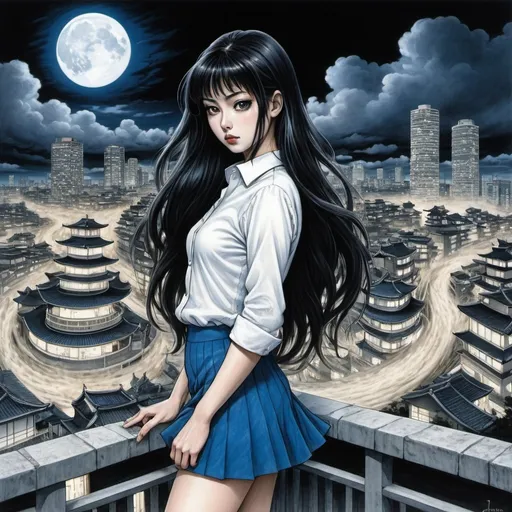 Prompt: Tomie standing in terrace, spiral buildings lights, long spiral hair, full body wearing high heels, white shirt, blue skirt, big glutes, style by junji ito, uzumaki world background, finely illustrated face, painting of beautiful, wind swept, black and white pencil bursh stroke, exquisite, multiple layers, an ultra fine detailed,  poetic detailed, japanese spiral city, spiral clouds, night, moon, moonlight,