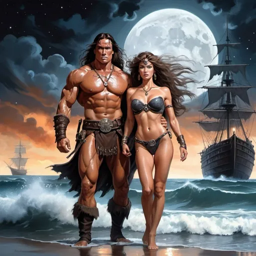 Prompt: Fantasy Style Illustration of Conan the Barbarian with Arnold Schwarzenegger meeting the pirate queen of the Black Coast on a ship in the Edge of times. Galaxies around. Complex skies. Dynamic, Fierce, Dominant. standing in the beach, long hair, ancient city lights buidings backgroud, harmony of swirly clouds, night, moon, big glutes, big chest,  full body with high heels, waves, under clouds, finely illustrated face, painting of beautiful, wind swept, 