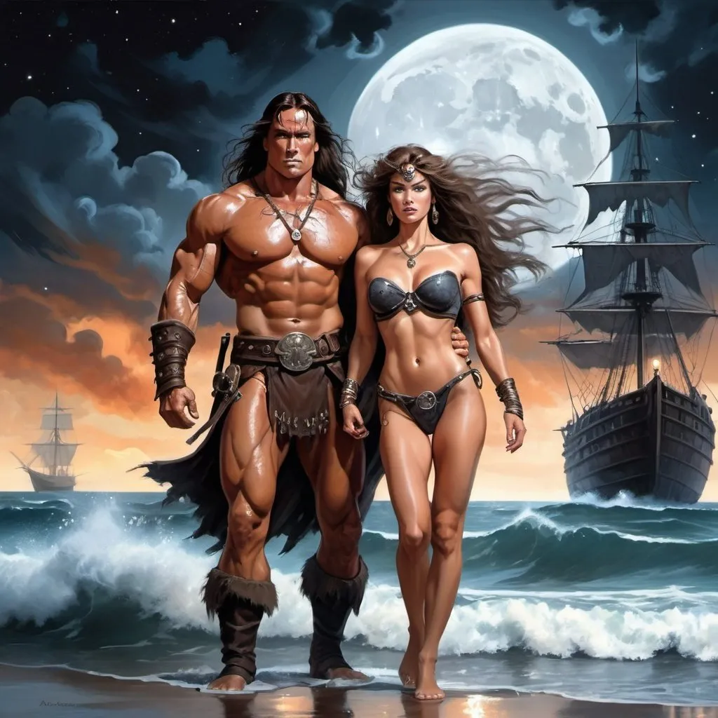 Prompt: Fantasy Style Illustration of Conan the Barbarian with Arnold Schwarzenegger meeting the pirate queen of the Black Coast on a ship in the Edge of times. Galaxies around. Complex skies. Dynamic, Fierce, Dominant. standing in the beach, long hair, ancient city lights buidings backgroud, harmony of swirly clouds, night, moon, big glutes, big chest,  full body with high heels, waves, under clouds, finely illustrated face, painting of beautiful, wind swept, 