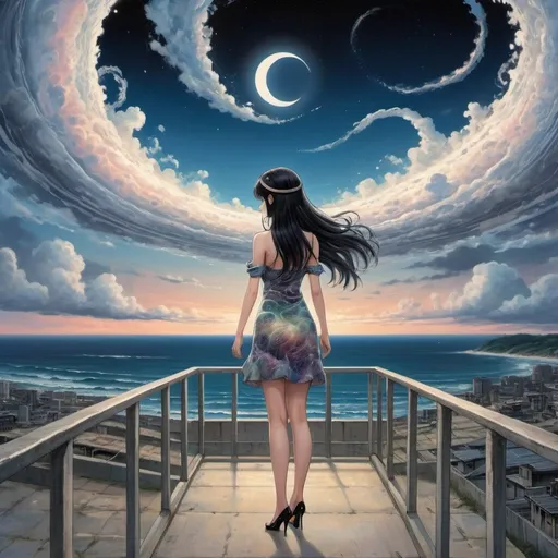 Prompt: Tomie standing in a terrace in the Edge of times. Beach background. Galaxies around. Complex skies. Spiral city lights, spiral clouds, Big glutes, big chest, spiral long hair with headband, full body wearing high heels, dress, waves, under clouds, finely illustrated face, painting of beautiful, wind swept, bursh stroke, exquisite, multiple layers, an ultra fine detailed, trending on cg society,  poetic detailed, style by junji ito, uzumaki world background