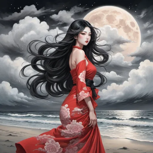 Prompt: Tomie in the Edge of times. Galaxies around. Complex skies. Create an elegant picture with a floral pattern and soft pastel colors. Dynamic, Fierce, Dominant. standing in the beach, long black hair, city lights buidings backgroud, harmony of swirly clouds, night, moon, big glutes, big chest,  full body, high heels, red dress, waves, under clouds, finely illustrated face, painting of beautiful, wind swept, Black and white Chinese Shuimo painting Spring Festival, bursh stroke, exquisite, multiple layers, an ultra fine detailed, trending on cg society,  poetic detailed, uzumaki style, junji ito style
