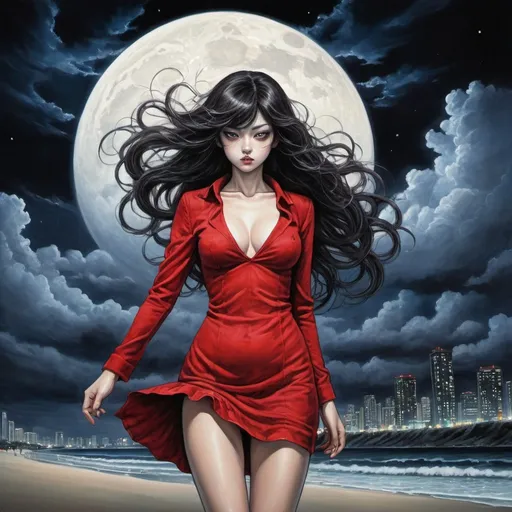 Prompt: Tomie with demon shadow in the Edge of times. Galaxies around. Complex skies. Dynamic, Fierce, Dominant. standing in the beach, long hair, city lights buidings backgroud, harmony of swirly clouds, night, moon, big glutes, big chest,  full body, high heels, red dress, waves, under clouds, finely illustrated face, painting of beautiful, wind swept, style by junji ito