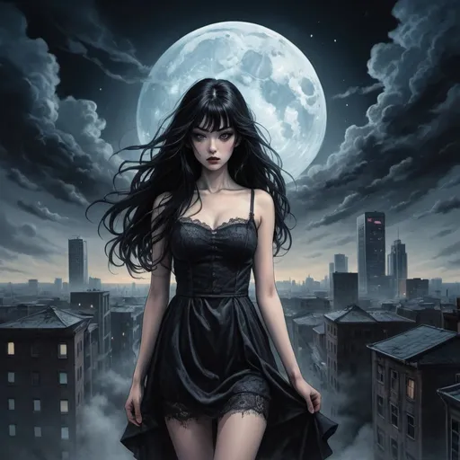 Prompt: Tomie in the Edge of times. Galaxies around. Complex skies. Psychological horror, unsettling entities, uncanny valley, extreme discomfort, mortal peril, Dynamic, Fierce, Dominant, long black hair, spiral city lights buildings backgroud, spiral swirly clouds, night, moon,  full body wearing high heels, dress, under clouds, finely illustrated face, wind swept, an ultra fine detailed,  poetic detailed, ultra-detailed 4k digital concept art, colourful, muted, great artist,poster design, ink drawing, masterful coloring, digital art digital illustration ink drawing, shadow depth, volumetric lighting detailed 1420, 8k resolution, poster art, heavy shading,highlights, smokey, shadowy, 4k, high quality, HD wallpaper, colored ink art, realistic, overall aesthetic, style colored ink art style, 8k, drawn in a style that incorporates elements of (((gothic manga))),