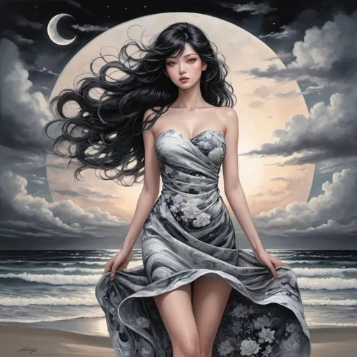 Prompt: Tomie in the Edge of times. Galaxies around. Complex skies. Create an elegant picture with a floral pattern and soft pastel colors. Dynamic, Fierce, Dominant. standing in the beach, long black hair, city lights buidings backgroud, harmony of swirly clouds, night, moon, big glutes, big chest, full body, high heels, dress, waves, under clouds, finely illustrated face, painting of beautiful, wind swept, Black and white painting, bursh stroke, exquisite, multiple layers, an ultra fine detailed, trending on cg society,  poetic detailed,