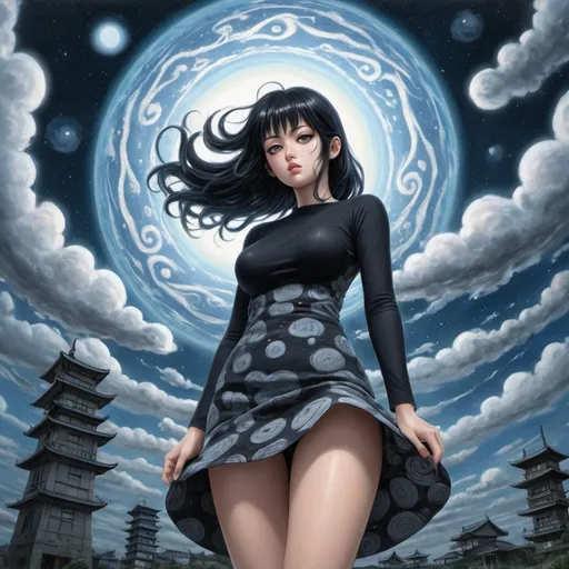 Prompt: Tomie in the Edge of times. Galaxies around. Complex skies. Big glutes, big chest, full body, high heels, dress, waves, under clouds, finely illustrated face, painting of beautiful, wind swept, bursh stroke, exquisite, multiple layers, an ultra fine detailed, trending on cg society,  poetic detailed, junji ito style ,uzumaki style
