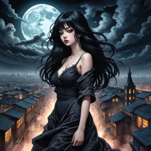 Prompt: Tomie in the Edge of times. Galaxies around. Complex skies. Dynamic, Fierce, Dominant, long black hair, spiral city lights buildings backgroud, spiral swirly clouds, night, moon,  full body, high heels, dress, under clouds, finely illustrated face, painting of beautiful, wind swept, an ultra fine detailed,  poetic detailed, ultra-detailed 4k digital concept art, colourful, muted, great artist,poster design, ink drawing, masterful coloring, digital art digital illustration ink drawing, shadow depth, volumetric lighting detailed 1420, 8k resolution, poster art, heavy shading,highlights, smokey, shadowy, 4k, high quality, HD wallpaper, colored ink art, realistic, great artist detailed HD. overall aesthetic, style colored ink art style, 8k, drawn in a style that incorporates elements of (((gothic manga))), tomie, full body, uzumaki manga style, junji ito style,