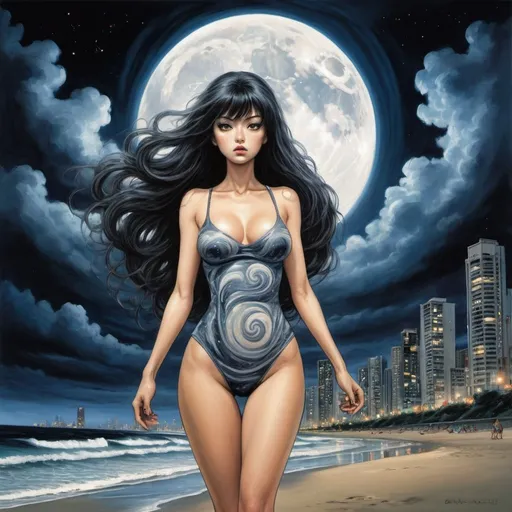 Prompt: Tomie in the Edge of times. Galaxies around. Complex skies. Dynamic, Fierce, Dominant. standing in the beach, long hair, city lights buidings backgroud, harmony of swirly clouds, night, moon, big glutes, big chest,  full body with high heels, waves, under clouds, finely illustrated face, painting of beautiful, wind swept, style by junji ito