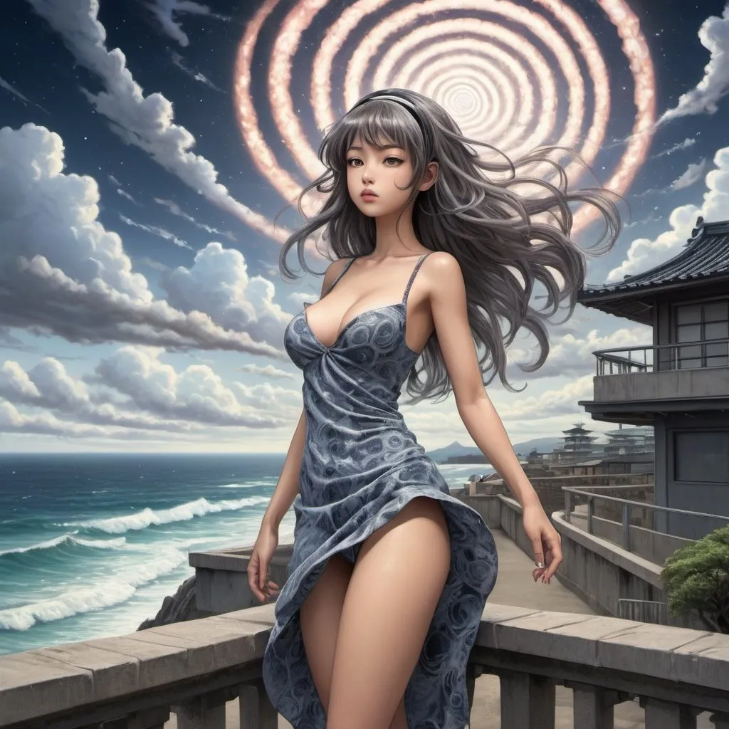 Prompt: Kirie Goshima Spiral Hair, standing in a terrace in the Edge of times. Beach background. Galaxies around. Complex skies. Spiral city lights, spiral clouds, Big glutes, big chest, spiral long hair with headband, full body wearing high heels, dress, waves, under clouds, finely illustrated face, painting of beautiful, wind swept, bursh stroke, exquisite, multiple layers, an ultra fine detailed, trending on cg society,  poetic detailed, style by junji ito, uzumaki world background