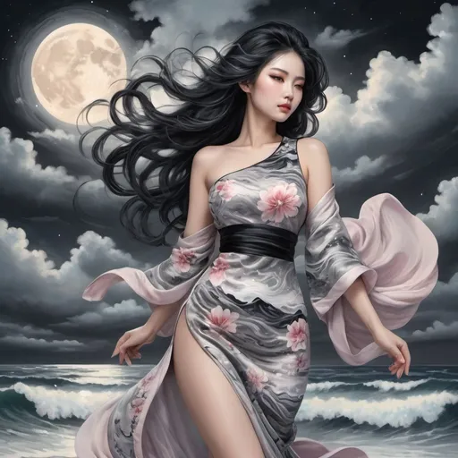 Prompt: Tomie in the Edge of times. Galaxies around. Complex skies. Create an elegant picture with a floral pattern and soft pastel colors. Dynamic, Fierce, Dominant. standing in the beach, long black hair, city lights buidings backgroud, harmony of swirly clouds, night, moon, big glutes, big chest,  full body, high heels, red dress, waves, under clouds, finely illustrated face, painting of beautiful, wind swept, Black and white Chinese Shuimo painting Spring Festival, bursh stroke, exquisite, multiple layers, an ultra fine detailed, trending on cg society,  poetic detailed