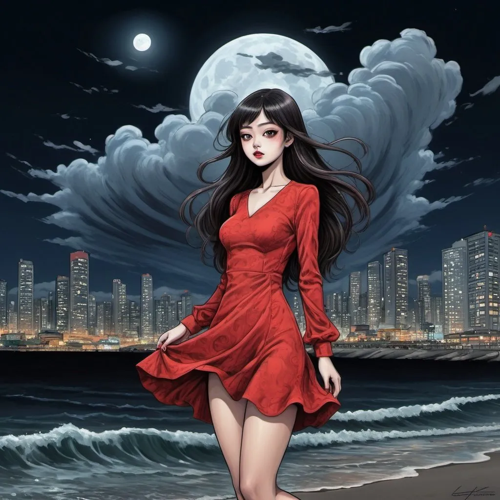 Prompt: junji ito girl that are standing in the beach, long hair, city lights buidings backgroud, digital art, junji ito style, harmony of swirly clouds, ship, night, moon, big glutes,  full body of Tomie with high heels, red dress, trending at cgstation, waves, under clouds, finely illustrated face, painting of beautiful, wind swept, 