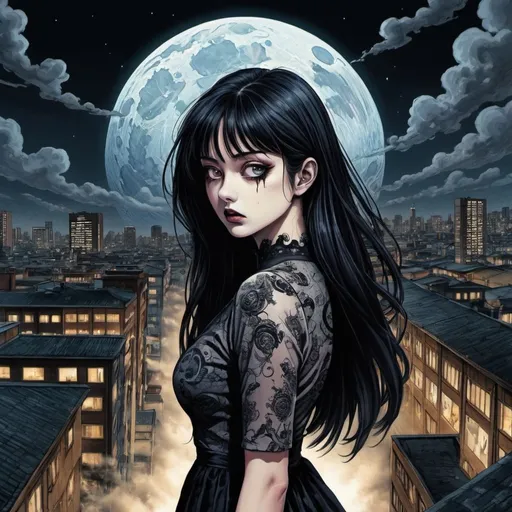 Prompt: Tomie in the Edge of times. Galaxies around. Complex skies. Psychological horror, unsettling entities, uncanny valley, extreme discomfort, mortal peril, Dynamic, Fierce, Dominant, long black hair, spiral city lights buildings backgroud, spiral swirly clouds, night, moon,  full body, high heels, dress, under clouds, finely illustrated face, wind swept, an ultra fine detailed,  poetic detailed, ultra-detailed 4k digital concept art, colourful, muted, great artist,poster design, ink drawing, masterful coloring, digital art digital illustration ink drawing, shadow depth, volumetric lighting detailed 1420, 8k resolution, poster art, heavy shading,highlights, smokey, shadowy, 4k, high quality, HD wallpaper, colored ink art, realistic, overall aesthetic, style colored ink art style, 8k, drawn in a style that incorporates elements of (((gothic manga))), uzumaki manga style, junji ito style,