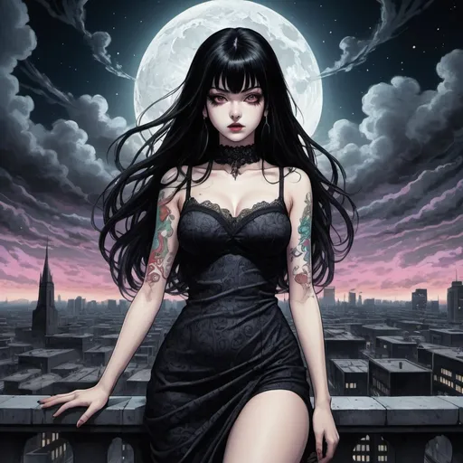 Prompt: Tomie standing in a terrace in the Edge of times. Galaxies around. Complex skies. Dynamic, Fierce, Dominant, long black hair, spiral city lights buildings backgroud, spiral swirly clouds, night, moon, big glutes, big chest,  full body, high heels, dress, under clouds, finely illustrated face, painting of beautiful, wind swept, an ultra fine detailed,  poetic detailed, ultra-detailed 4k digital concept art, colourful, muted, great artist,poster design, ink drawing, masterful coloring, digital art digital illustration ink drawing, shadow depth, volumetric lighting detailed 1420, 8k resolution, poster art, heavy shading,highlights, smokey, shadowy, 4k, high quality, HD wallpaper, colored ink art, realistic, great artist detailed HD. overall aesthetic, style colored ink art style, 8k, drawn in a style that incorporates elements of (((gothic manga))), tomie, full body, uzumaki manga style, junji ito style,