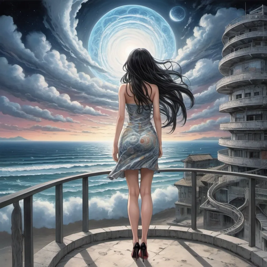 Prompt: Tomie standing in a terrace in the Edge of times. Beach background. Galaxies around. Complex skies. Spiral city lights, spiral clouds, Big glutes, big chest, spiral long hair, full body wearing high heels, dress, waves, under clouds, finely illustrated face, painting of beautiful, wind swept, bursh stroke, exquisite, multiple layers, an ultra fine detailed, trending on cg society,  poetic detailed, style by junji ito, uzumaki world background