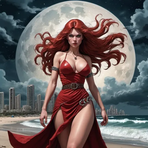 Prompt: Red Sonja in the Edge of times. Galaxies around. Complex skies. Dynamic, Fierce, Dominant. standing in the beach, long hair, city lights buidings backgroud, digital art, junji ito style, harmony of swirly clouds, night, moon, big glutes, big chest,  full body with high heels, red dress, trending at cgstation, waves, under clouds, finely illustrated face, painting of beautiful, wind swept,