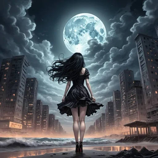 Prompt: Tomie in the Edge of times. Galaxies around. Complex skies. Beach background. Psychological horror, unsettling entities, uncanny valley, extreme discomfort, mortal peril, Dynamic, Fierce, Dominant, long black hair, spiral city lights buildings backgroud, spiral swirly clouds, night, moon,  full body wearing high heels, dress, under clouds, finely illustrated face, wind swept, an ultra fine detailed,  poetic detailed, ultra-detailed 4k digital concept art, colourful, muted, great artist,poster design, ink drawing, masterful coloring, digital art digital illustration ink drawing, shadow depth, volumetric lighting detailed 1420, 8k resolution, poster art, heavy shading,highlights, smokey, shadowy, 4k, high quality, HD wallpaper, colored ink art, realistic, overall aesthetic, style colored ink art style, 8k, drawn in a style that incorporates elements of (((gothic manga))),