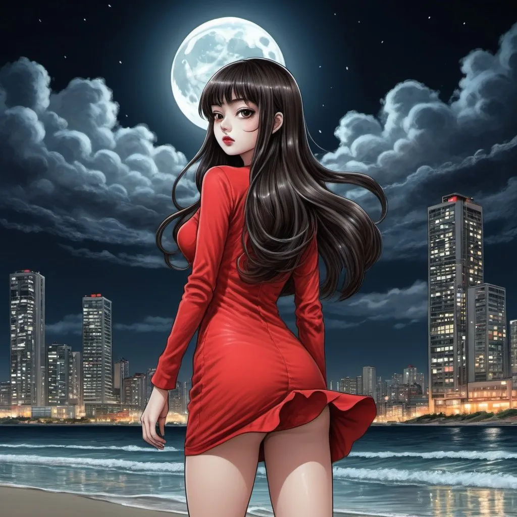 Prompt: junji ito girl that are standing in the beach, long hair, city lights buidings backgroud, digital art, junji ito style, harmony of swirly clouds, night, moon, big glutes,  full body of Tomie with high heels, red dress, trending at cgstation, waves, under clouds, finely illustrated face, painting of beautiful, wind swept, 