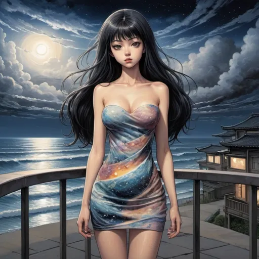 Prompt: Tomie standing in a terrace in the Edge of times. Beach background. Galaxies around. Complex skies. Spiral city lights, Big glutes, big chest, long hair, full body wearing high heels, dress, waves, under clouds, finely illustrated face, painting of beautiful, wind swept, bursh stroke, exquisite, multiple layers, an ultra fine detailed, trending on cg society,  poetic detailed, style by junji ito, uzumaki backgroud