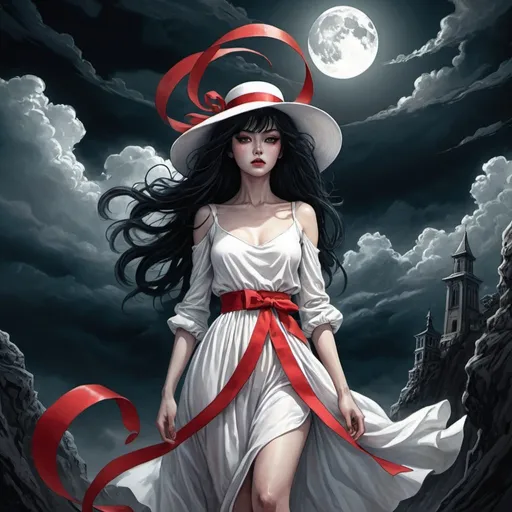 Prompt: Tomie on the Edge of cliff. Galaxies around. Complex skies. Beach background. Psychological horror, unsettling entities, uncanny valley, extreme discomfort, mortal peril, Dynamic, Fierce, Dominant, long black hair, spiral city lights buildings backgroud, spiral swirly clouds, night, moon,  full body wearing high heels, wearing a white hat with a long red ribbon, white dress with a red belt ribbon, flowing, under clouds, finely illustrated face, wind swept, an ultra fine detailed,  poetic detailed, ultra-detailed 4k digital concept art, colourful, muted, great artist,poster design, ink drawing, masterful coloring, digital art digital illustration ink drawing, shadow depth, volumetric lighting detailed 1420, 8k resolution, poster art, heavy shading,highlights, smokey, shadowy, 4k, high quality, HD wallpaper, colored ink art, realistic, overall aesthetic, style colored ink art style, 8k, drawn in a style that incorporates elements of (((gothic manga))),