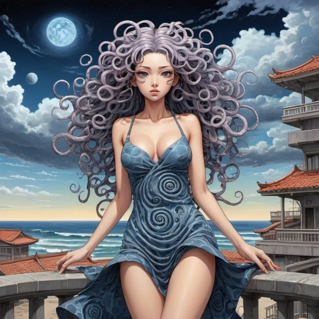 Prompt: Kirie Goshima Medusa Spiral Hair, standing in a terrace in the Edge of times. Beach background. Galaxies around. Complex skies. Spiral city lights, spiral clouds, Big glutes, big chest, spiral long hair with headband, full body wearing high heels, dress, waves, under clouds, finely illustrated face, painting of beautiful, wind swept, bursh stroke, exquisite, multiple layers, an ultra fine detailed, trending on cg society,  poetic detailed, style by junji ito, uzumaki world background
