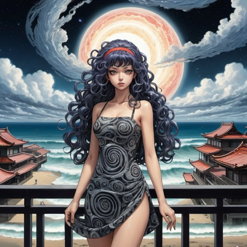 Prompt: Tomie Medusa Spiral Hair from Uzumaki, standing in a terrace in the Edge of times. Beach background. Galaxies around. Complex skies. Spiral city lights, spiral clouds, Big glutes, big chest, spiral long hair with headband, full body wearing high heels, dress, waves, under clouds, finely illustrated face, painting of beautiful, wind swept, bursh stroke, exquisite, multiple layers, an ultra fine detailed, trending on cg society,  poetic detailed, style by junji ito, uzumaki world background