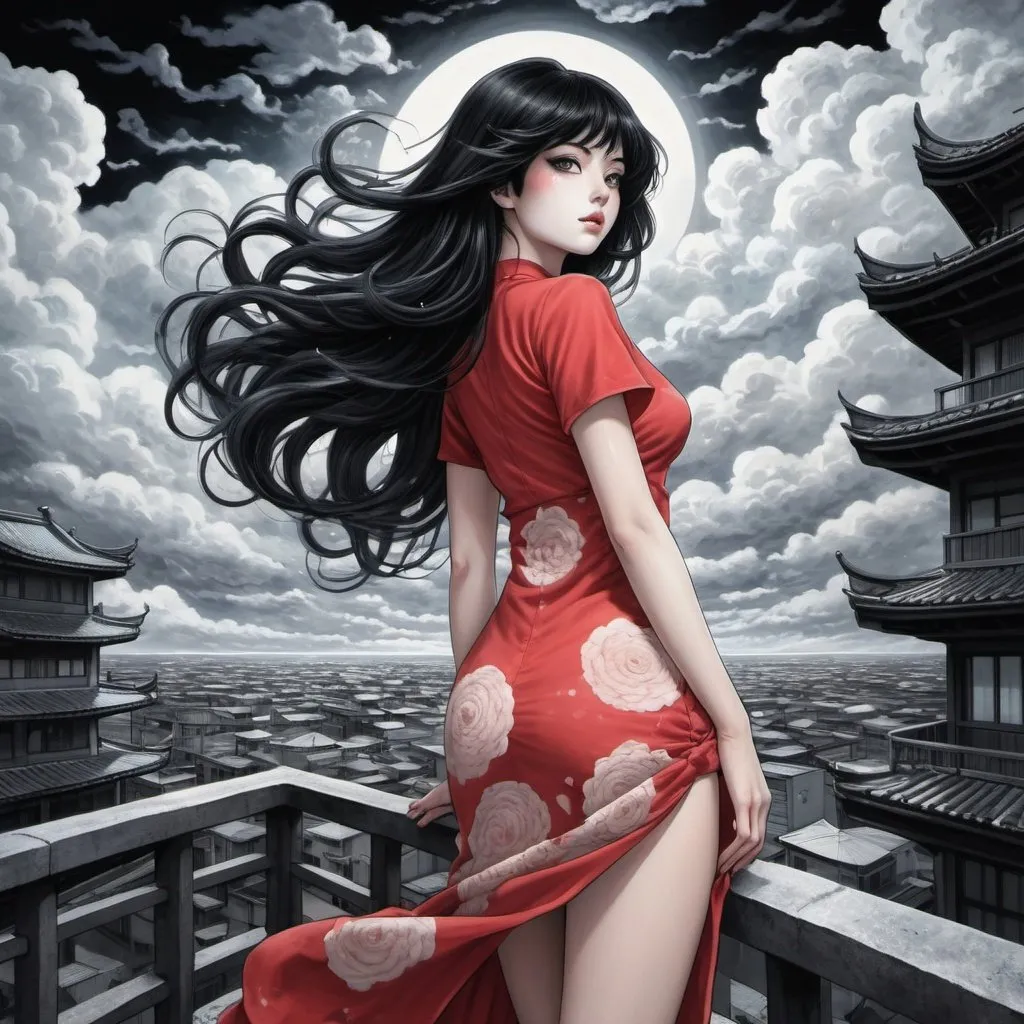 Prompt: Tomie in a terrace in the Edge of times. Galaxies around. Complex skies. Create an elegant picture with a floral pattern and soft pastel colors. Dynamic, Fierce, Dominant, long black hair, spiral city lights buidings backgroud, spiral swirly clouds, night, moon, big glutes, big chest,  full body, high heels, red dress, waves, under clouds, finely illustrated face, painting of beautiful, wind swept, Black and white painting, bursh stroke, exquisite, multiple layers, an ultra fine detailed, trending on cg society,  poetic detailed, uzumaki manga style, junji ito style