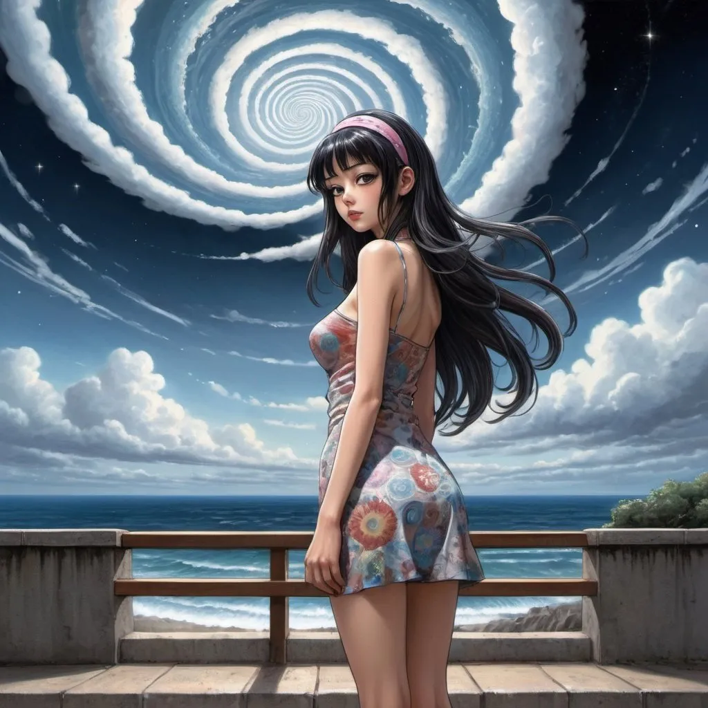 Prompt: Tomie standing in a terrace in the Edge of times. Beach background. Galaxies around. Complex skies. Spiral city lights, spiral clouds, Big glutes, big chest, spiral long hair with headband, full body wearing high heels, dress, waves, under clouds, finely illustrated face, painting of beautiful, wind swept, bursh stroke, exquisite, multiple layers, an ultra fine detailed, trending on cg society,  poetic detailed, style by junji ito, uzumaki world background