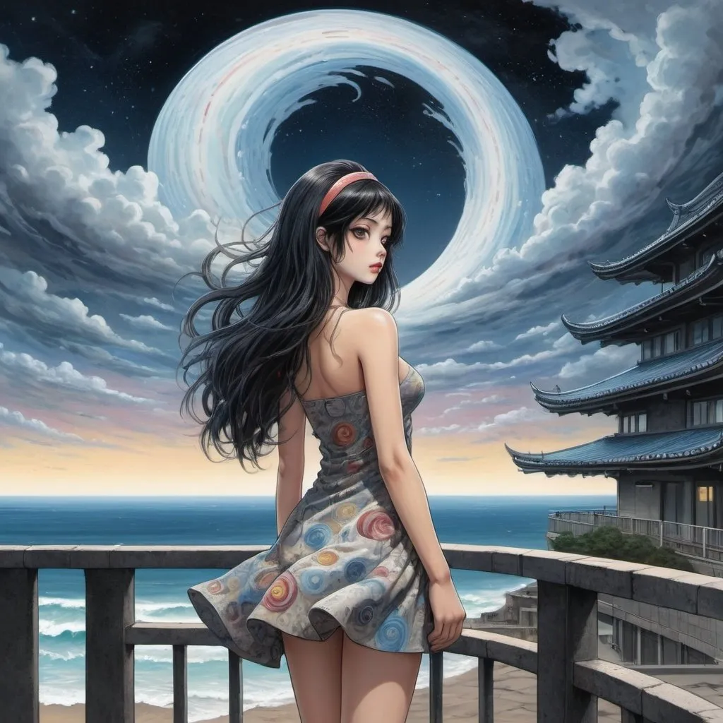 Prompt: Tomie standing in a terrace in the Edge of times. Beach background. Galaxies around. Complex skies. Spiral city lights, spiral clouds, Big glutes, big chest, spiral long hair with headband, full body wearing high heels, dress, waves, under clouds, finely illustrated face, painting of beautiful, wind swept, bursh stroke, exquisite, multiple layers, an ultra fine detailed, trending on cg society,  poetic detailed, style by junji ito, uzumaki world background