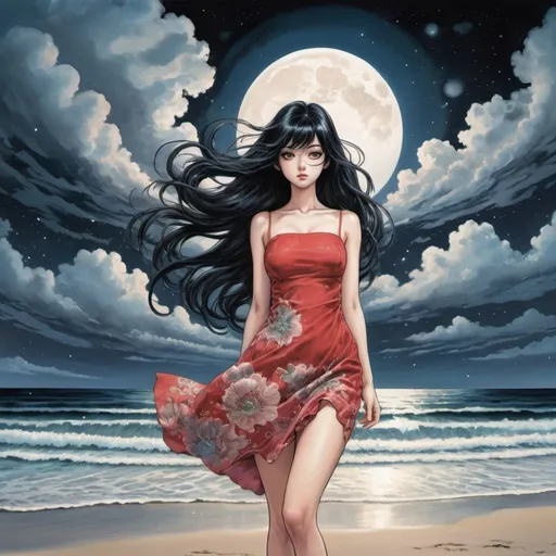 Prompt: Tomie in the Edge of times. Galaxies around. Complex skies. Create an elegant picture with a floral pattern and soft pastel colors. Dynamic, Fierce, Dominant. standing in the beach, long black hair, city lights buidings backgroud, harmony of swirly clouds, night, moon, big glutes, big chest,  full body, high heels, red dress, waves, under clouds, finely illustrated face, painting of beautiful, wind swept, style by junji ito, manga cover