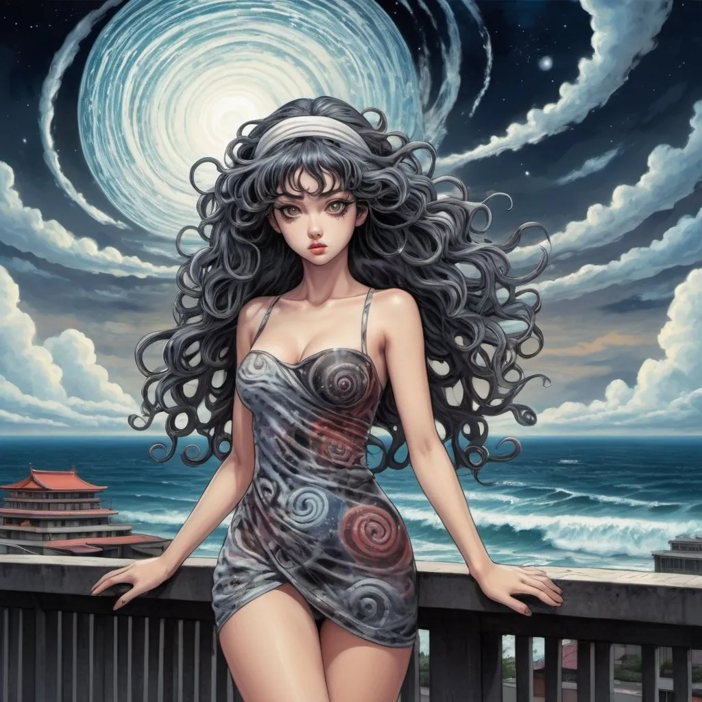 Prompt: Tomie Medusa Spiral Hair from Uzumaki, standing in a terrace in the Edge of times. Beach background. Galaxies around. Complex skies. Spiral city lights, spiral clouds, Big glutes, big chest, spiral long hair with headband, full body wearing high heels, dress, waves, under clouds, finely illustrated face, painting of beautiful, wind swept, bursh stroke, exquisite, multiple layers, an ultra fine detailed, trending on cg society,  poetic detailed, style by junji ito, uzumaki world background