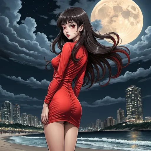 Prompt: junji ito girl that are standing in the beach, long hair, city lights buidings backgroud, digital art, junji ito style, harmony of swirly clouds, night, moon, big glutes, big chest,  full body of Tomie with high heels, red dress, trending at cgstation, waves, under clouds, finely illustrated face, painting of beautiful, wind swept, 