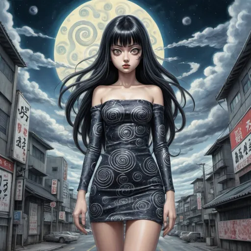 Prompt: Tomie in the Edge of times. Galaxies around. Complex skies. Spiral city lights, Big glutes, big chest, long hair, full body, high heels, dress, waves, under clouds, finely illustrated face, painting of beautiful, wind swept, bursh stroke, exquisite, multiple layers, an ultra fine detailed, trending on cg society,  poetic detailed, junji ito style ,uzumaki style