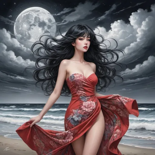 Prompt: Tomie in the Edge of times. Galaxies around. Complex skies. Create an elegant picture with a floral pattern and soft pastel colors. Dynamic, Fierce, Dominant. standing in the beach, long black hair, city lights buidings backgroud, harmony of swirly clouds, night, moon, big glutes, big chest,  full body, high heels, red dress, waves, under clouds, finely illustrated face, painting of beautiful, wind swept, Black and white, bursh stroke, exquisite, multiple layers, an ultra fine detailed, trending on cg society,  poetic detailed