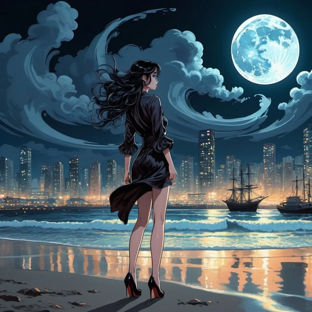 Prompt: a woman that is standing in the beach, city lights buidings backgroud, digital art, junji ito style, harmony of swirly clouds, pirate ship, night, moon, style of kilian Eng, full body of Tomie  with high heels, trending at cgstation, waves, under clouds, finely illustrated face, painting of beautiful, wind swept