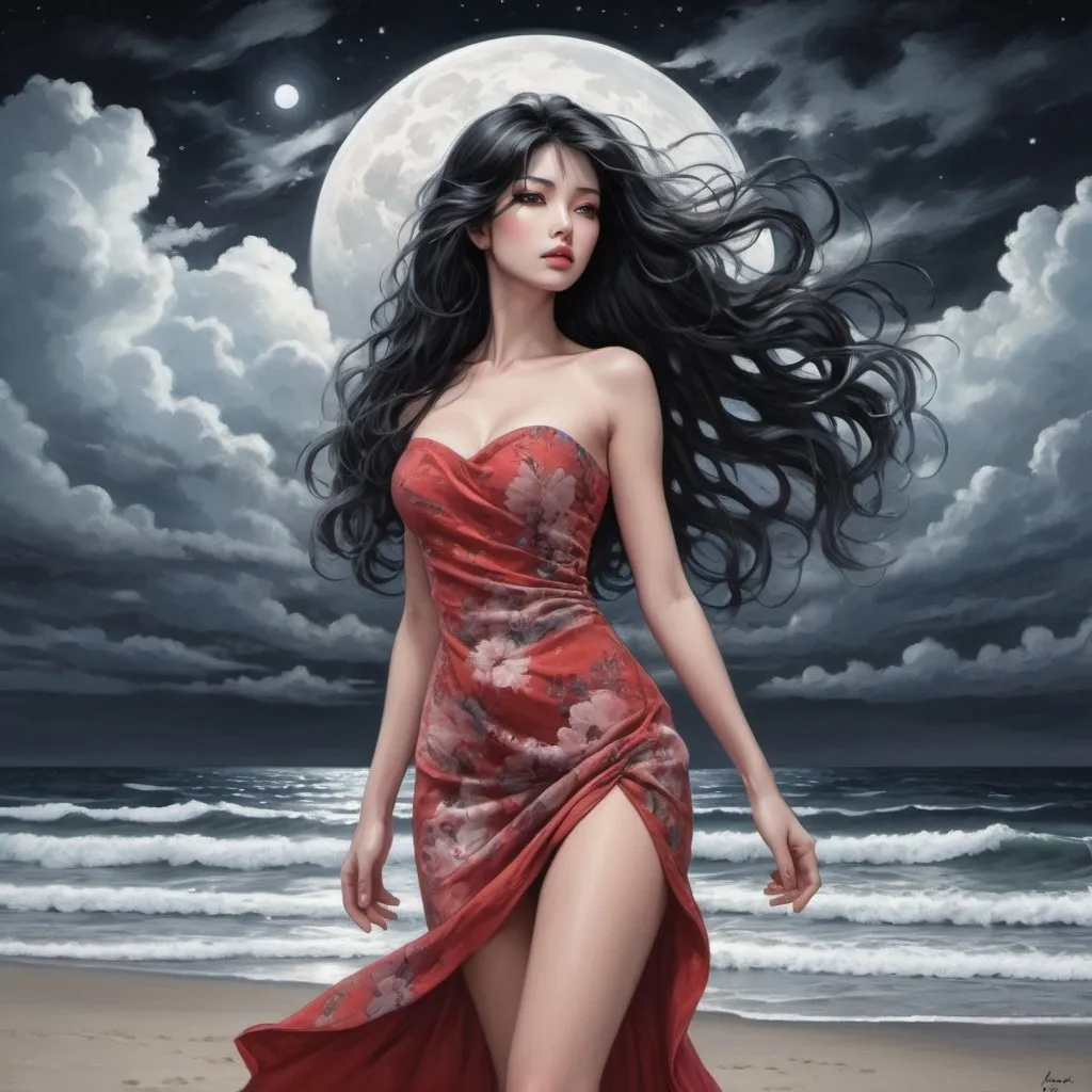 Prompt: Tomie in the Edge of times. Galaxies around. Complex skies. Create an elegant picture with a floral pattern and soft pastel colors. Dynamic, Fierce, Dominant. standing in the beach, long black hair, city lights buidings backgroud, harmony of swirly clouds, night, moon, big glutes, big chest,  full body, high heels, red dress, waves, under clouds, finely illustrated face, painting of beautiful, wind swept, Black and white, bursh stroke, exquisite, multiple layers, an ultra fine detailed, trending on cg society,  poetic detailed