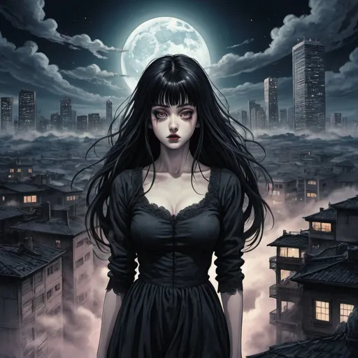 Prompt: Tomie in the Edge of times. Galaxies around. Complex skies. Psychological horror, unsettling entities, uncanny valley, extreme discomfort, mortal peril, Dynamic, Fierce, Dominant, long black hair, spiral city lights buildings backgroud, spiral swirly clouds, night, moon,  full body, high heels, dress, under clouds, finely illustrated face, wind swept, an ultra fine detailed,  poetic detailed, ultra-detailed 4k digital concept art, colourful, muted, great artist,poster design, ink drawing, masterful coloring, digital art digital illustration ink drawing, shadow depth, volumetric lighting detailed 1420, 8k resolution, poster art, heavy shading,highlights, smokey, shadowy, 4k, high quality, HD wallpaper, colored ink art, realistic, overall aesthetic, style colored ink art style, 8k, drawn in a style that incorporates elements of (((gothic manga))), uzumaki manga style, junji ito style,