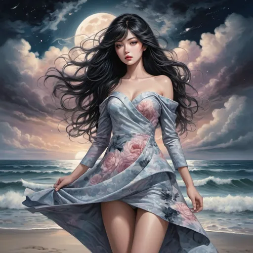Prompt: Tomie in the Edge of times. Galaxies around. Complex skies. Create an elegant picture with a floral pattern and soft pastel colors. Dynamic, Fierce, Dominant. standing in the beach, long black hair, city lights buidings backgroud, harmony of swirly clouds, night, moon, big glutes, big chest, full body, high heels, dress, waves, under clouds, finely illustrated face, painting of beautiful, wind swept, bursh stroke, exquisite, multiple layers, an ultra fine detailed, trending on cg society,  poetic detailed,