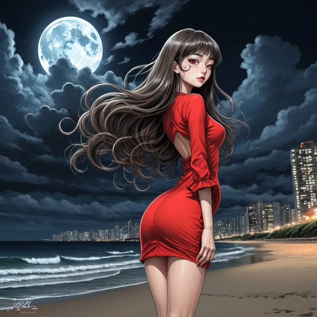 Prompt: junji ito girl that are standing in the beach, long hair, city lights buidings backgroud, digital art, junji ito style, harmony of swirly clouds, night, moon, big glutes,  full body of Tomie with high heels, red dress, trending at cgstation, waves, under clouds, finely illustrated face, painting of beautiful, wind swept, 