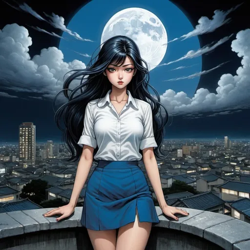 Prompt: Tomie standing in terrace, long spiral hair, full body wearing high heels, white shirt, blue skirt, big glutes, style by junji ito, uzumaki world background, finely illustrated face, painting of beautiful, wind swept, bursh stroke, exquisite, multiple layers, an ultra fine detailed,  poetic detailed, japanese spiral city, spiral clouds, night, moon, moonlight,