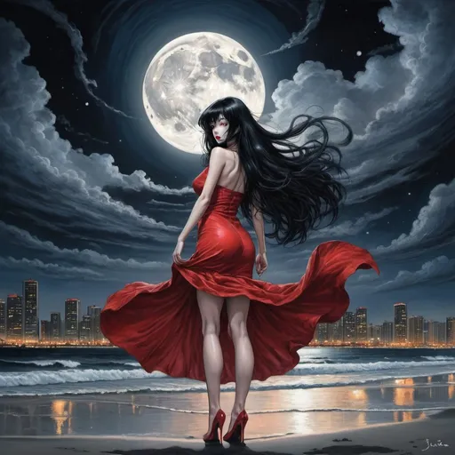 Prompt: Tomie, demon shadow, in the Edge of times. Galaxies around. Complex skies. Dynamic, Fierce, Dominant. standing in the beach, long black hair, city lights buidings backgroud, harmony of swirly clouds, night, moon, big glutes, big chest,  full body, high heels, red dress, waves, under clouds, finely illustrated face, painting of beautiful, wind swept, style by junji ito