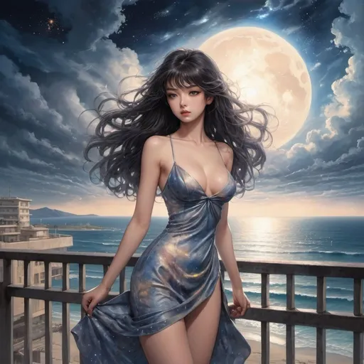 Prompt: Tomie standing in a terrace in the Edge of times. Beach background. Galaxies around. Complex skies. Spiral city lights, Big glutes, big chest, long hair, full body, high heels, dress, waves, under clouds, finely illustrated face, painting of beautiful, wind swept, bursh stroke, exquisite, multiple layers, an ultra fine detailed, trending on cg society,  poetic detailed, style by Kentaro Miura