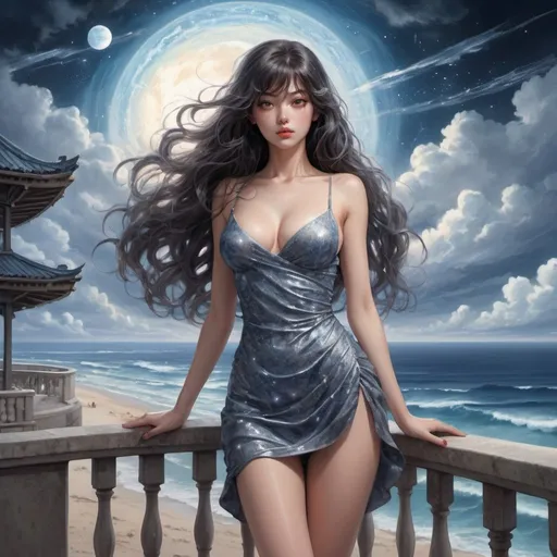 Prompt: Tomie standing in a terrace in the Edge of times. Beach background. Galaxies around. Complex skies. Spiral city lights, Big glutes, big chest, long hair, full body, high heels, dress, waves, under clouds, finely illustrated face, painting of beautiful, wind swept, bursh stroke, exquisite, multiple layers, an ultra fine detailed, trending on cg society,  poetic detailed, style by Kentaro Miura