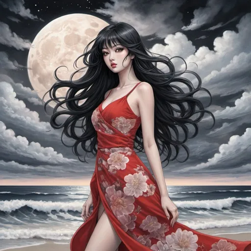 Prompt: Tomie in the Edge of times. Galaxies around. Complex skies. Create an elegant picture with a floral pattern and soft pastel colors. Dynamic, Fierce, Dominant. standing in the beach, long black hair, city lights buidings backgroud, harmony of swirly clouds, night, moon, big glutes, big chest,  full body, high heels, red dress, waves, under clouds, finely illustrated face, painting of beautiful, wind swept, Black and white painting, bursh stroke, exquisite, multiple layers, an ultra fine detailed, trending on cg society,  poetic detailed, uzumaki style, junji ito style
