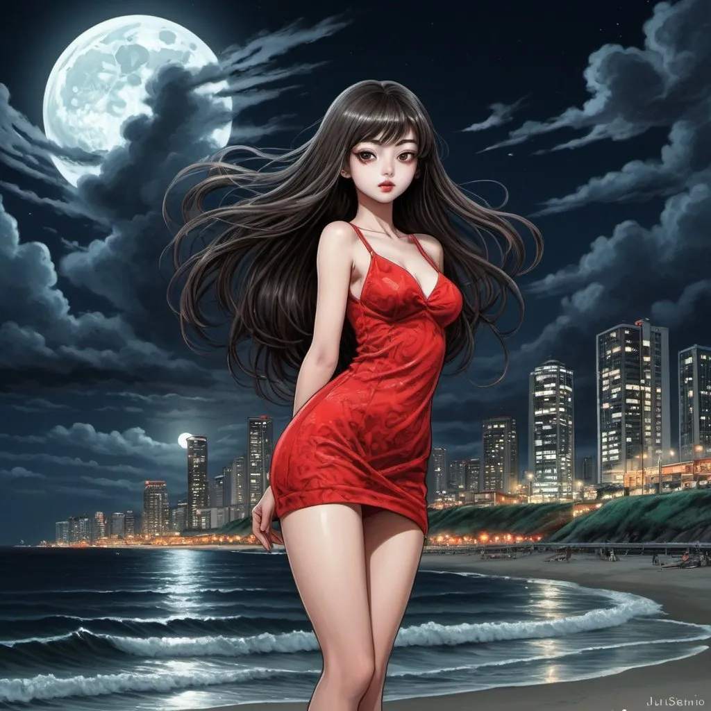 Prompt: junji ito girl that are standing in the beach, long hair, city lights buidings backgroud, digital art, junji ito style, harmony of swirly clouds, night, moon, big glutes,  full body of Tomie with high heels, red dress, trending at cgstation, waves, under clouds, finely illustrated face, painting of beautiful, wind swept, 