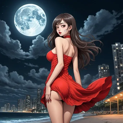 Prompt: junji ito girl that are standing in the beach, long hair, city lights buidings backgroud, digital art, junji ito style, harmony of swirly clouds, night, moon, big glutes, big chest,  full body  with high heels, red dress, trending at cgstation, waves, under clouds, finely illustrated face, painting of beautiful, wind swept, 