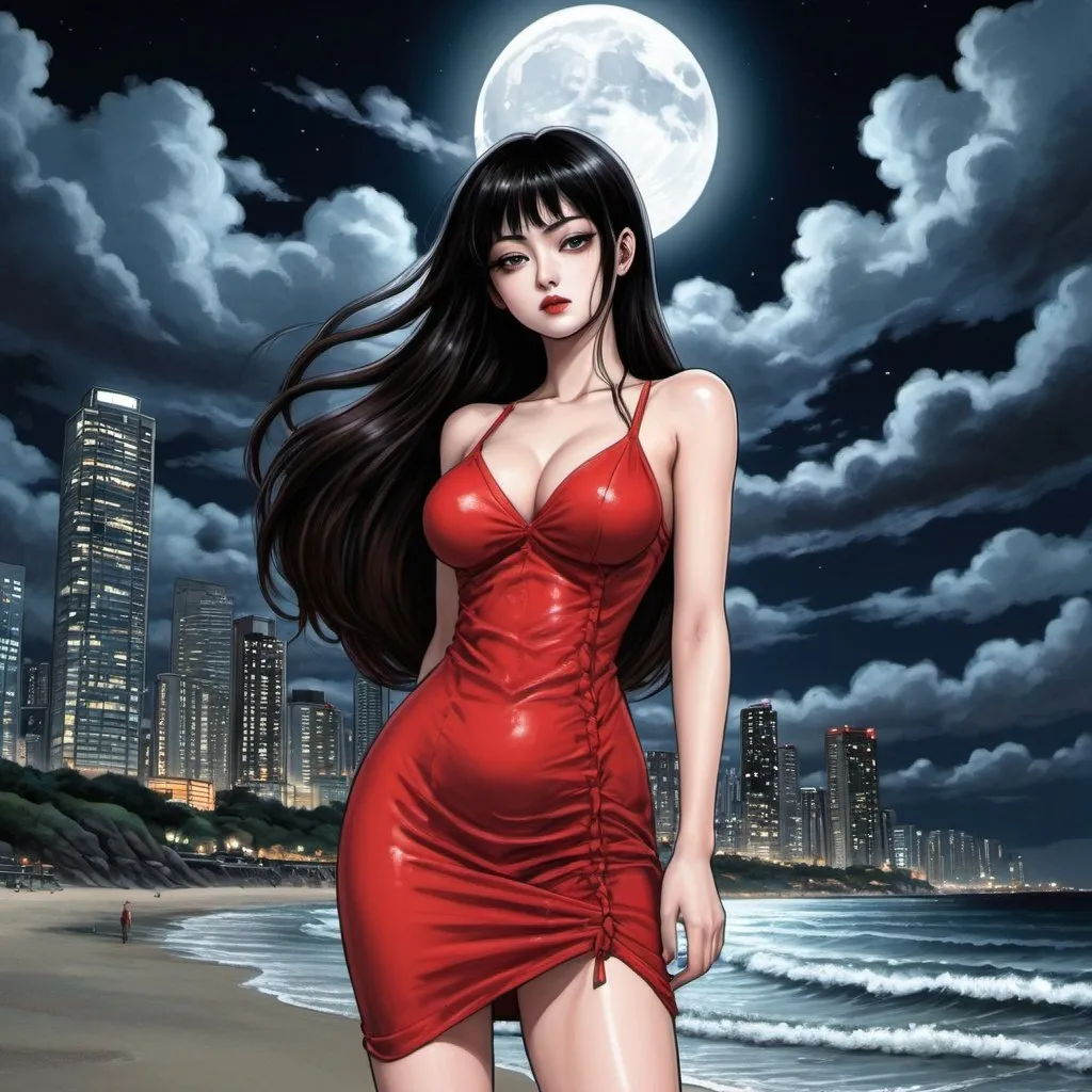Prompt: junji ito Tomie standing in the beach, long hair, city lights buidings backgroud, digital art, junji ito style, harmony of swirly clouds, night, moon, big glutes, big chest,  full body  with high heels, red dress, trending at cgstation, waves, under clouds, finely illustrated face, painting of beautiful, wind swept, 